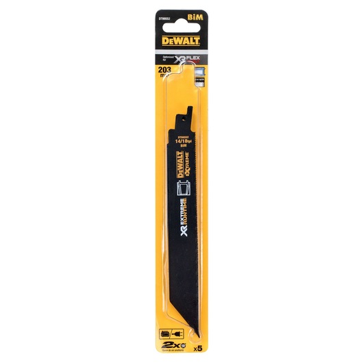 DEWALT DT99552 XR FLEX reciprocating saw blade in yellow-black packaging, 203mm, for metal cutting.