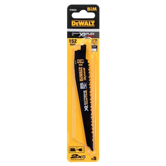 DEWALT DT99554 XR FlexVolt saw blade set, 152mm, extreme runtime, in yellow and black retail packaging.