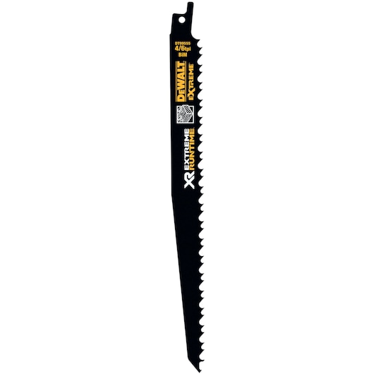 Black DEWALT DT99555 reciprocating saw blade with sharp teeth and product branding, used for cutting materials.