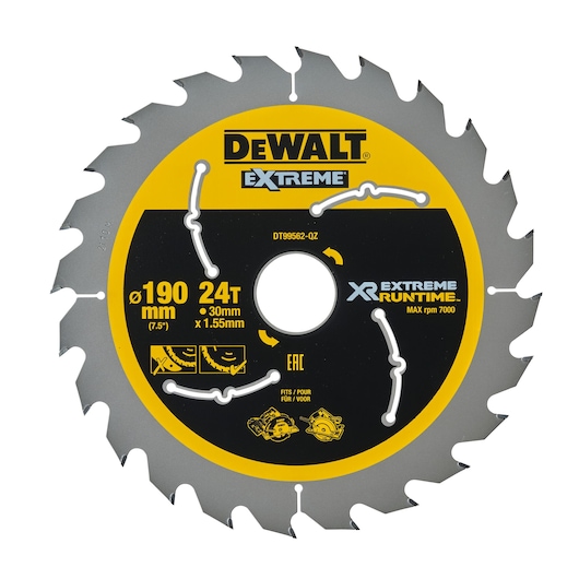 DEWALT DT99562 circular saw blade, 190mm, 24 teeth, for XR Extreme Runtime, max 7000 rpm.
