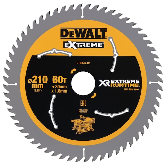 DEWALT DT99567 circular saw blade, 210mm, 60 teeth, for XR EXTREME RUNTIME, suitable for cutting wood.
