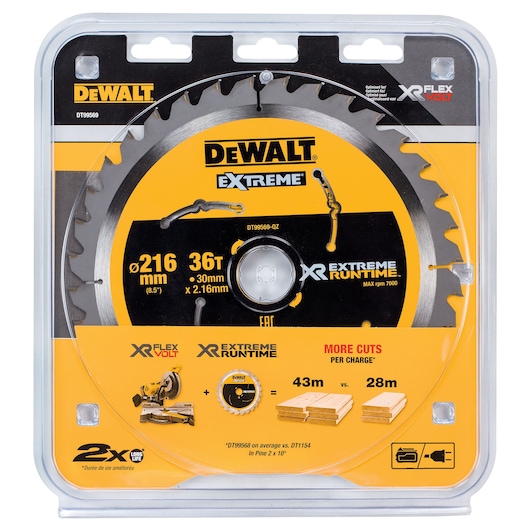 DEWALT DT99569 Extreme circular saw blade, 216mm, 36 teeth, for longer runtime and more cuts, in retail packaging.