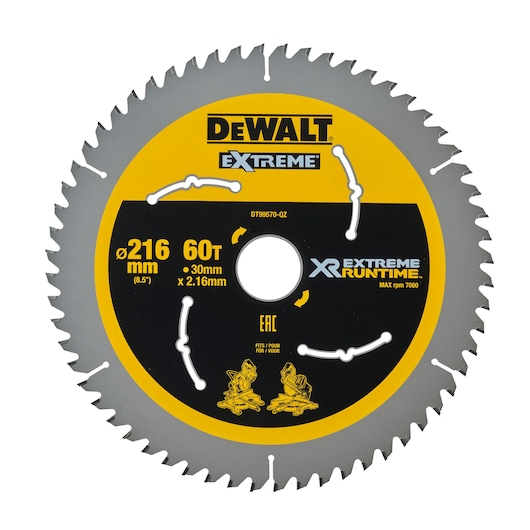 DEWALT Extreme XR saw blade, 216mm diameter, 60 teeth, for power tools, yellow and black design.