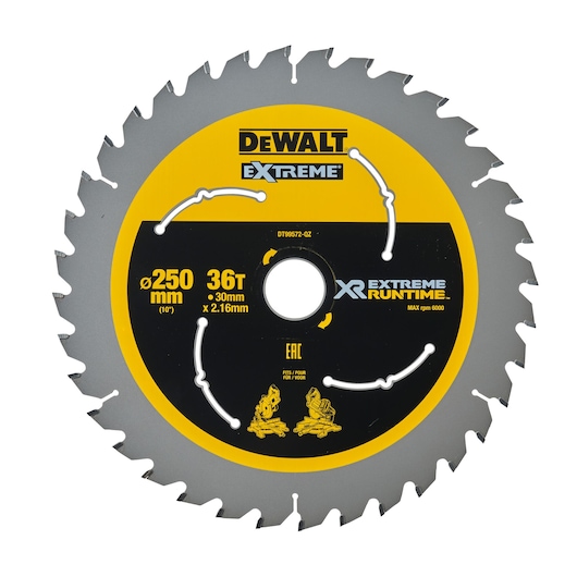 DEWALT Extreme XR circular saw blade, 250mm, 36 teeth, for cutting wood. Yellow and black with specs shown.