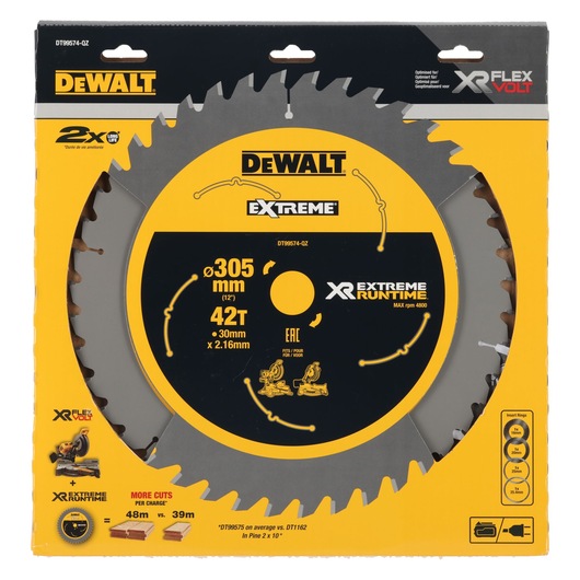 DEWALT DT99574 Extreme 305mm 42T saw blade in yellow packaging for XR Flexvolt tools.