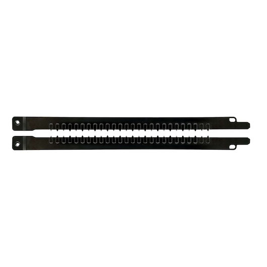 Two black DEWALT metal strips with evenly spaced slots, laid side by side on a white background.