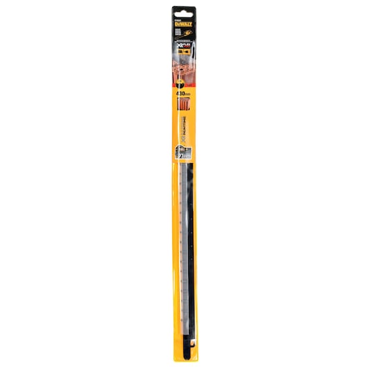 DEWALT DT99591 saw blade, 430mm, in yellow and black packaging for woodworking and construction.