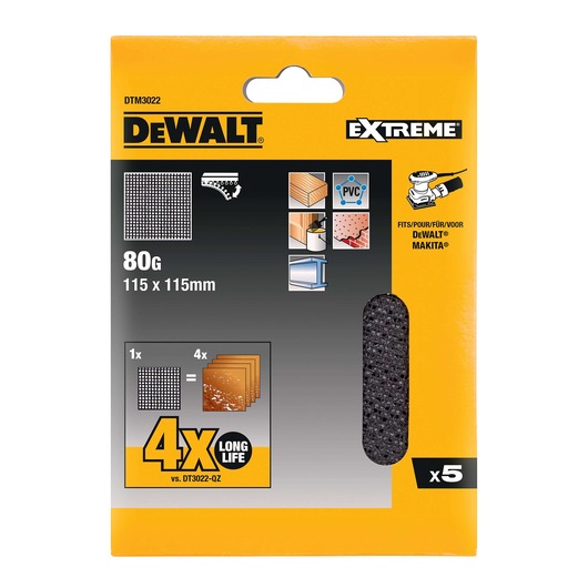 DEWALT Extreme sanding sheets, pack of 5, 80G, 115x115mm, fits DEWALT/Makita, for wood and PVC, long life.