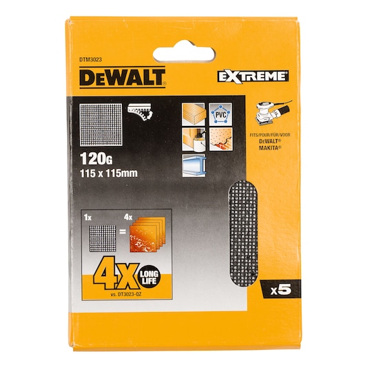DEWALT DTM3023 sanding mesh 120G, 115x115mm, pack of 5, for wood, PVC, fits DEWALT and Makita sanders.