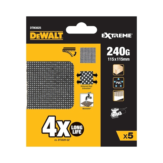 DEWALT DTM3025 Extreme sanding mesh, 240G, 115x115mm, pack of 5, suitable for wood, PVC, washable.