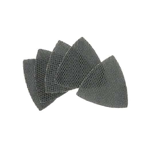 Set of five triangular mesh sanding sheets, black, for use with oscillating tools.