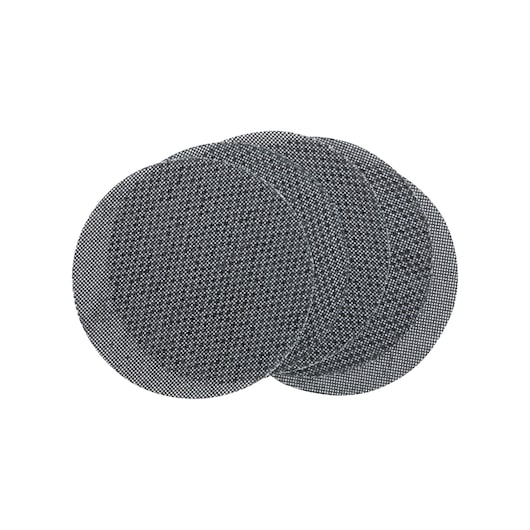 Three round mesh sanding sheets stacked, used for surface finishing with power tools.