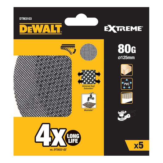 DEWALT Extreme sanding mesh 80G, Ø125mm, pack of 5 for wood, PVC, and wall, universal dust extraction.
