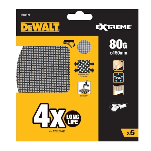 DEWALT Extreme 80G mesh sanding discs, 150mm, pack of 5. Long life and suitable for wood, PVC, drywall.