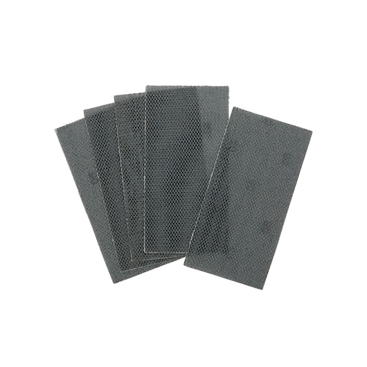 Set of five rectangular DEWALT abrasive mesh sanding sheets, arranged in a fanned-out formation on a white background.