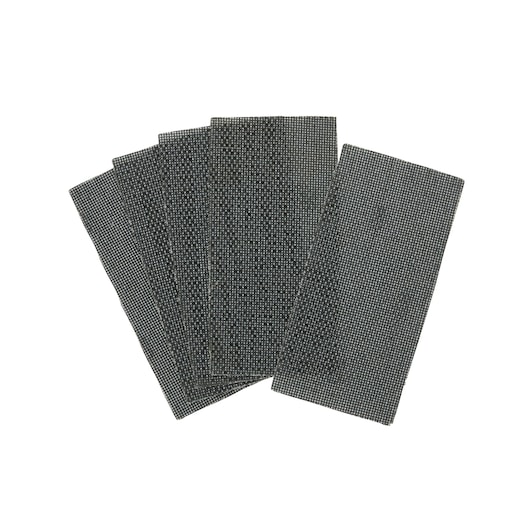 A set of rectangular mesh sanding sheets, fanned out and stacked on a white background.