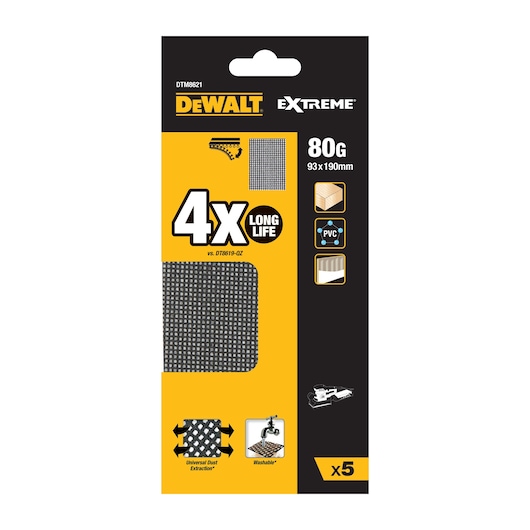 DEWALT Extreme sanding sheets pack, 80G, 93x190mm, 4x long life, suitable for wood and PVC, contains 5 sheets.
