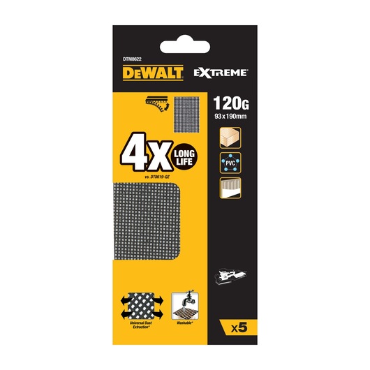 DEWALT DTM8622 Extreme sanding sheets, 120G, pack of 5, 93x190mm, for wood, PVC, washable, long life.