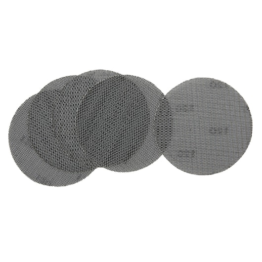 Five round mesh sanding discs arranged in an overlapping pattern on a white background.