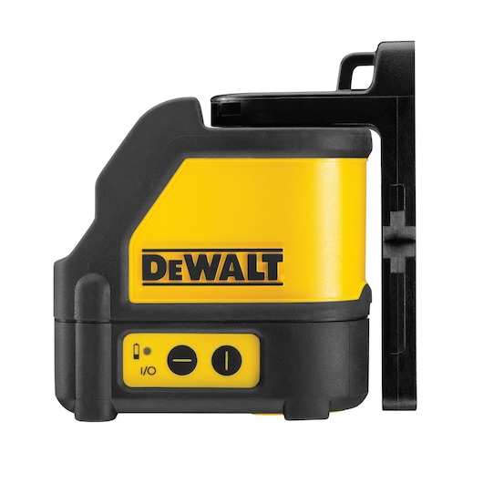 Side view of a DEWALT DW088K laser level tool in yellow and black, showing buttons and the DEWALT logo.