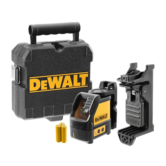 DEWALT DW088K cross line laser level kit, including a black carrying case with DEWALT logo, two yellow batteries, the laser level device, and a black mounting bracket.