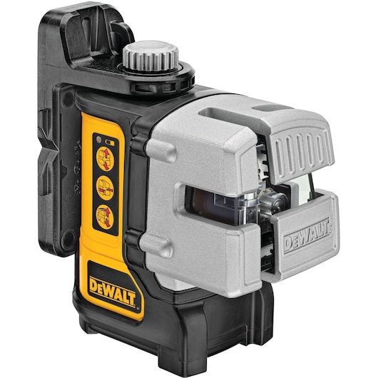 A DEWALT DW089K three-beam laser level featuring a robust black and yellow housing, silver protective casing, and control buttons on the side.