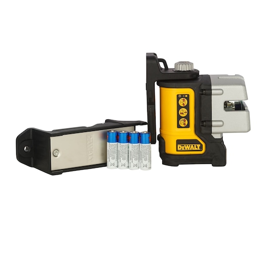 DEWALT DW089K laser level with batteries and mounting bracket, displayed against a white background.