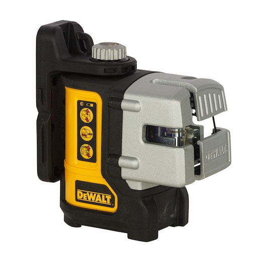 DEWALT DW089K self-leveling cross line laser, shown with durable yellow and black housing and control buttons.