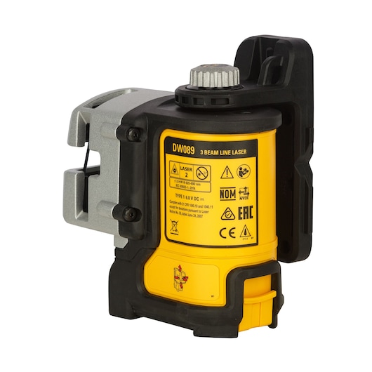 DEWALT DW089K 3 beam line laser device in yellow and black, shown with mounting bracket and safety labels.