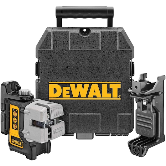 A DEWALT DW089K line laser kit including a laser measuring device, mounting bracket, and a hard carrying case with the DEWALT logo.