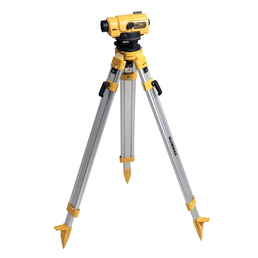 DEWALT DW096PK automatic level with tripod, yellow and silver, used for precise surveying and alignment tasks.