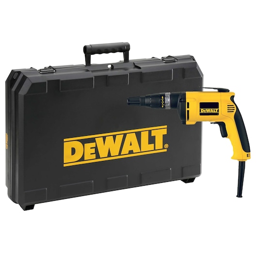 DEWALT corded screwdriver with black carrying case, both featuring the DEWALT logo in yellow.