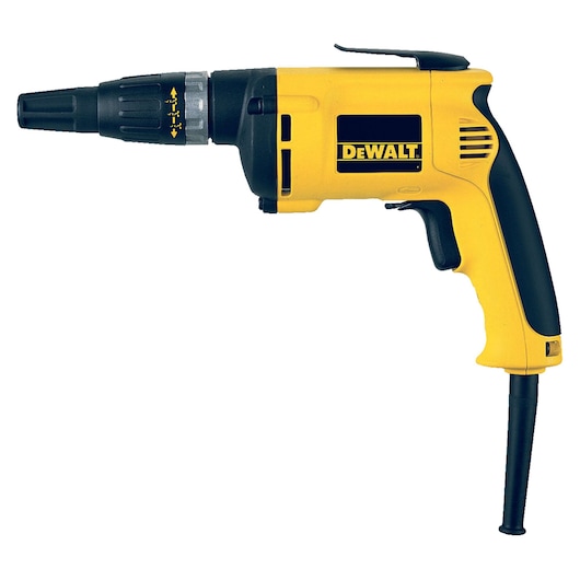 Yellow and black DEWALT electric screwdriver with ergonomic handle, shown from the side on a white background.