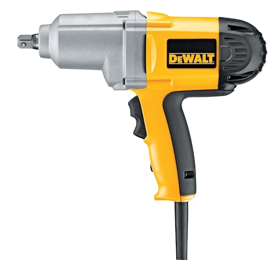 Yellow and black DEWALT corded impact wrench with a metal head and ergonomic handle, shown on a white background.