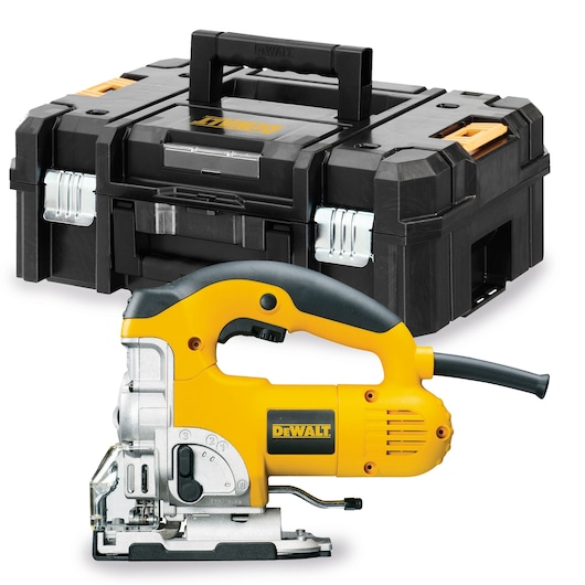 DEWALT jigsaw DW331KT with a sturdy black and yellow carrying case, designed for precise wood cutting.
