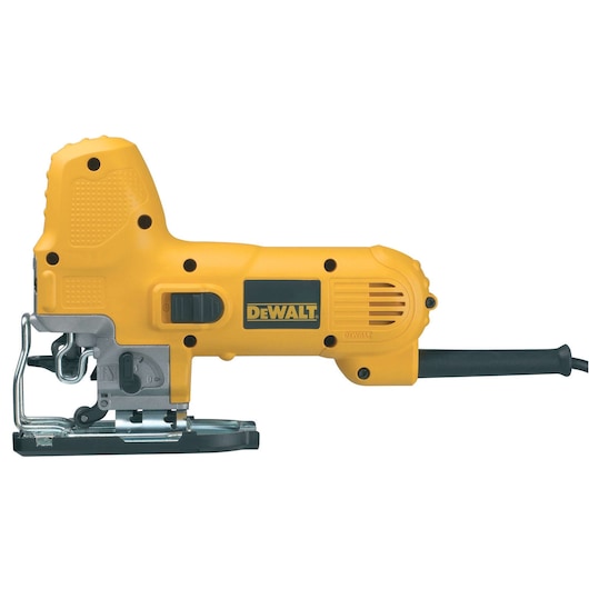 Yellow DEWALT jigsaw DW343K with black handle, shown side view on white background.
