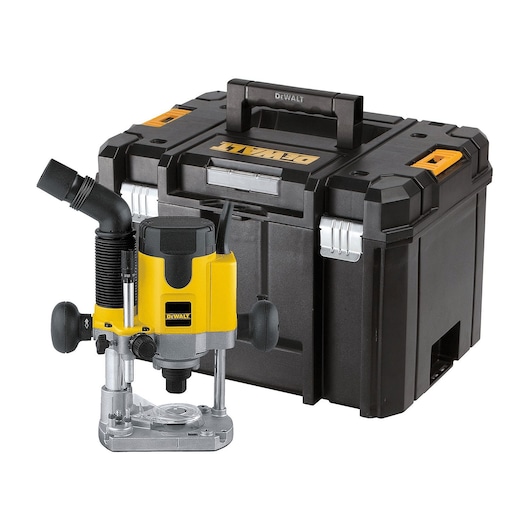 DEWALT plunge router with a sturdy carrying case, suitable for woodworking tasks and storage.