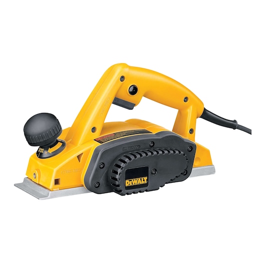 Corded yellow DEWALT electric hand planer with black adjustment knob and power cord, shown on white background.