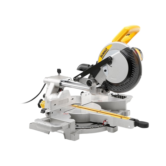 DEWALT DW712 sliding compound miter saw with yellow handle and metal base on white background.