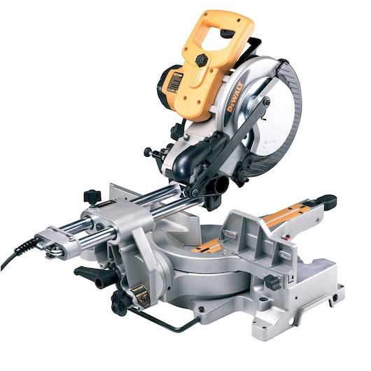 DEWALT DW712 sliding compound miter saw with a yellow handle and silver body, used for precise wood cutting.
