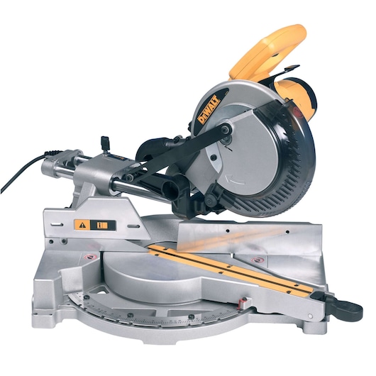DEWALT DW712 compound mitre saw with a silver base, circular blade and yellow handle, shown against a white background.