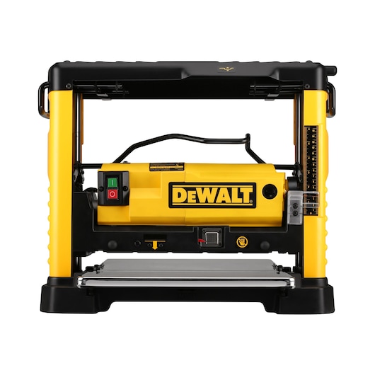 Front view of a DEWALT DW733 yellow bench planer, used for woodworking and surface smoothing tasks.