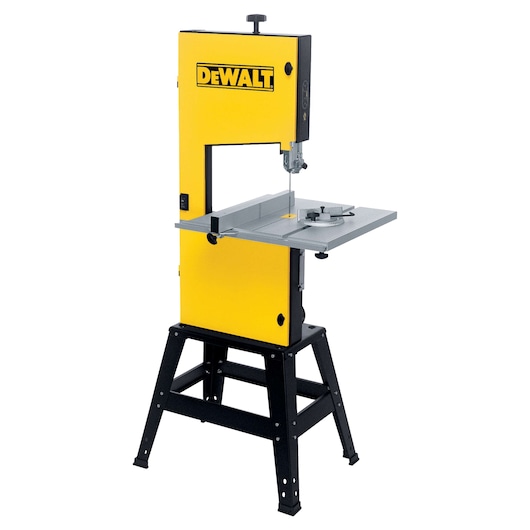 DEWALT DW876 yellow and black band saw on a stand, designed for woodworking and precision cutting tasks.
