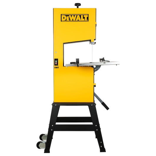 Yellow DEWALT band saw with cutting table and stand, suitable for woodworking and precise cutting tasks.