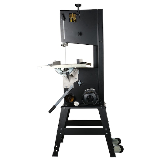 DEWALT DW876 metal bandsaw machine with black frame, standing upright and equipped with adjustable table.