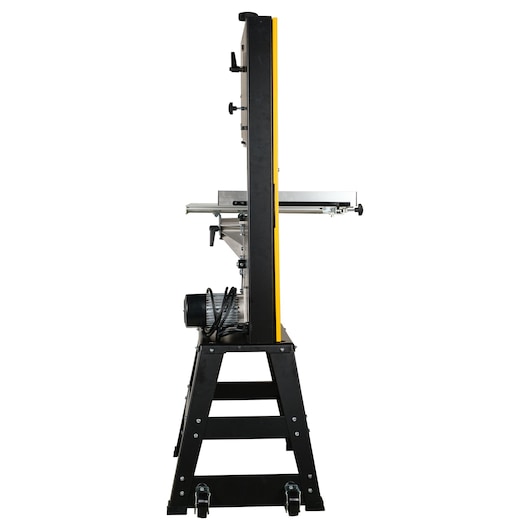 Side view of a DEWALT DW876 band saw for woodworking, showing metal frame and attached motor.