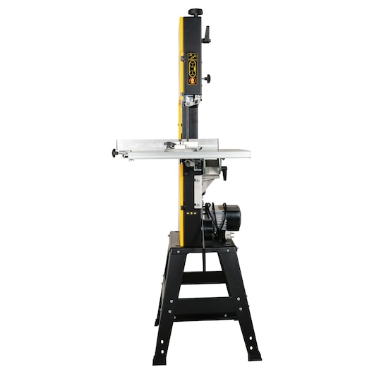 DEWALT DW876 bandsaw machine with black and yellow frame, side view on white background.