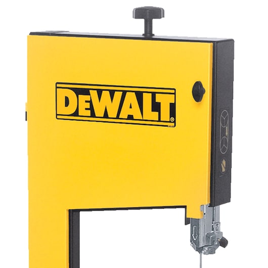 Top section of a yellow DEWALT bandsaw, showing logo and adjustment knob.