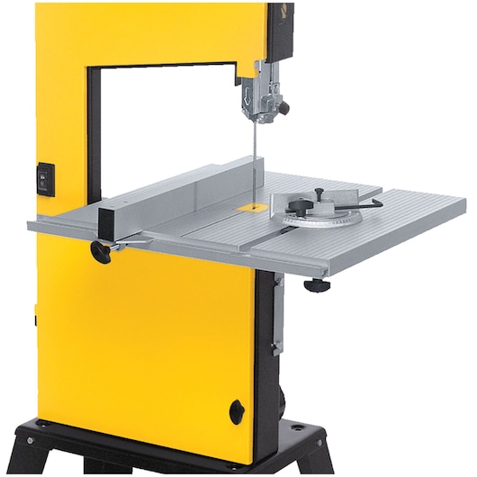 DEWALT yellow and black bandsaw with metal cutting table and adjustable guide for precise woodwork.