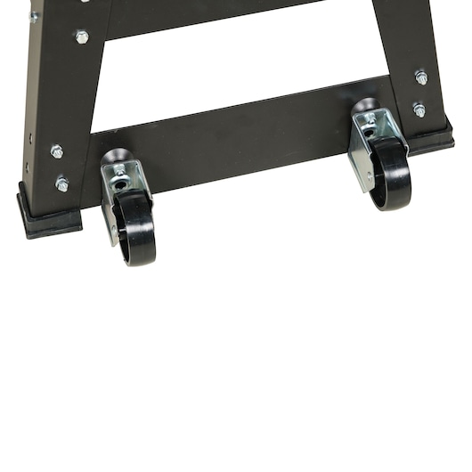 Close-up of a black metal equipment stand with two attached wheels for mobility.